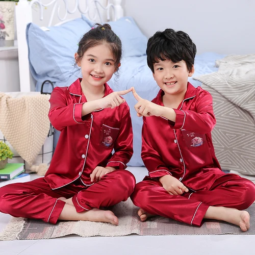 Autum New Children Pajamas Suit Soild Girls Nightwear Suit Baby Comfortable Pijama Winter Unisex Satin Long Sleeve Sleepwear Set - Цвет: CT suishu hongzhutou