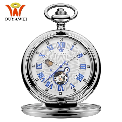OYW бренд из нержавеющей стали мужские модные повседневные карманные часы с скелетом циферблат белый ручной Ветер Механические Мужские Fob часы на ремешке с цепочкой - Цвет: Silver White