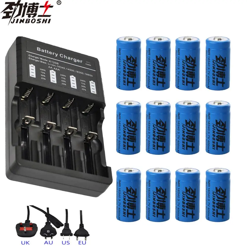 

12X 3.7V 400mAh 16340 CR123A Rechargeable Li-ion 16340 Battery + 1PCS 4-slot Travel Battery Charger for Flashlight