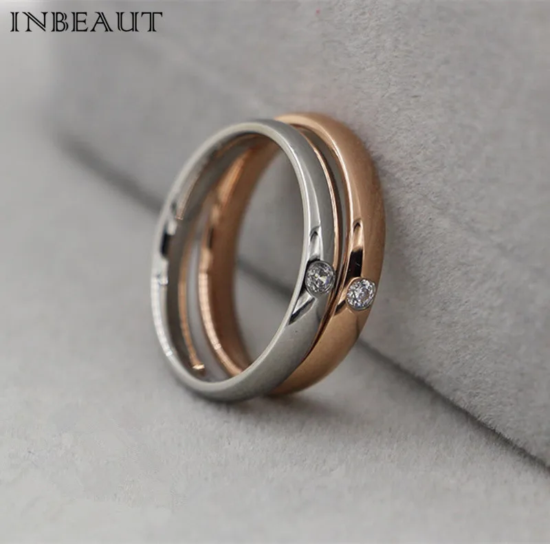 

INBEAUT 3MM Fine Smooth Surface Rose Gold Titanium Wedding Rings Highly Polished by Titanium Steel and Clear CZ Women Jewelry