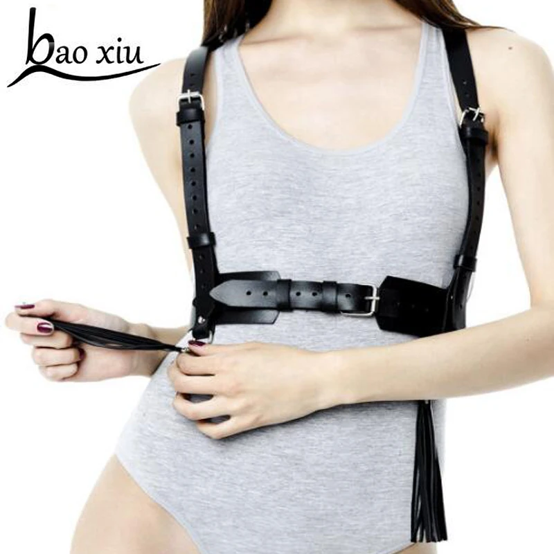 

Fashion Punk Harajuku Tassel Garters Black Faux Leather Body Bondage Cage Sculpting Harness Waist Belt Straps Suspenders Belt