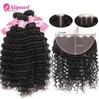 Ali Pearl Hair 13x6 Lace Frontal Closure With Bundles Brazilian Deep Wave 3 Bundles With Frontal Closure Free/Middle/Three Remy