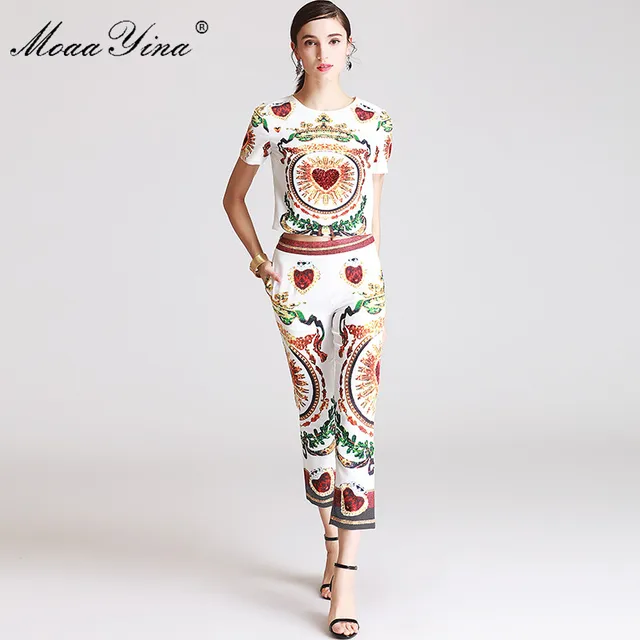 Cheap MoaaYina Fashion Designer Set Summer Women Short sleeve Print Heart Sequins Casual Retro T-shirt+3/4 Pencil pants Two-piece suit Cheap MoaaYina Fashion Designer Set Summer Women Short sleeve Print Heart Sequins Casual Retro T-shirt+3/4 Pencil pants Two-piece suit