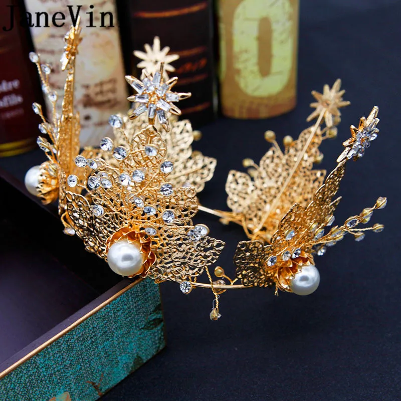 

JaneVini Sparkly Crystal Rhinestones Bride Tiaras Crowns Gold Big Pearls Round Wedding Hair Accessories Bridal Bead Head Jewelry