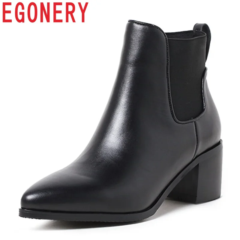 

EGONERY genuine leather newest fsahion chelsea boots high square heel pointed toe elastic band black winter outside ankle boots