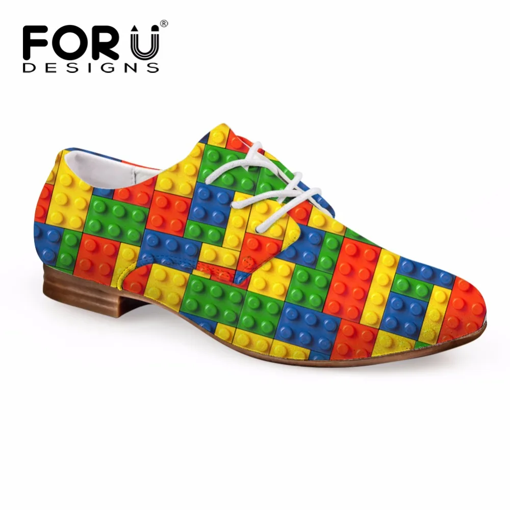 

FORUDESIGNS Fashion Women's Oxfords Shoes 3D Tetris Printed Casual Oxfords Shoes for Woman Lacing Leather Shoes Student Female
