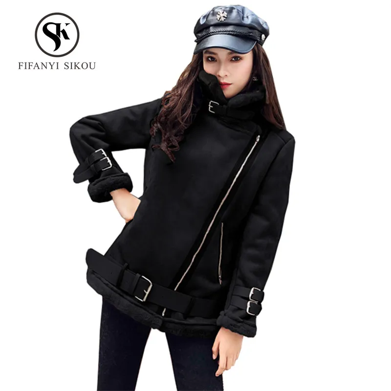 

Winter Suede Leather Jacket Women Lambswool Motorcycle jacket Womens Loose Casual Lambs Wool Thick warm Short Coat Streetwear