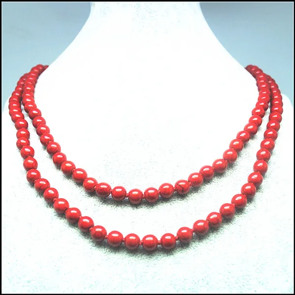 

1PC Red Turquois Stone Long Necklace Round Ball Shape Unique Jewelry Designs 23.5 Inches Bead Size 8MM Hot Selling