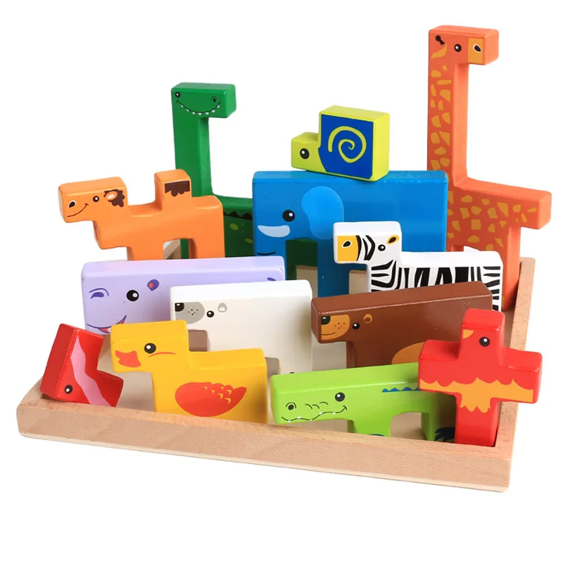DIY Деревянные блоки животные 3D головоломка блок учебные материалы раннее образование натуральные деревянные игрушки для детей подарок на день рождения - Цвет: Animal 3D Puzzle Blo