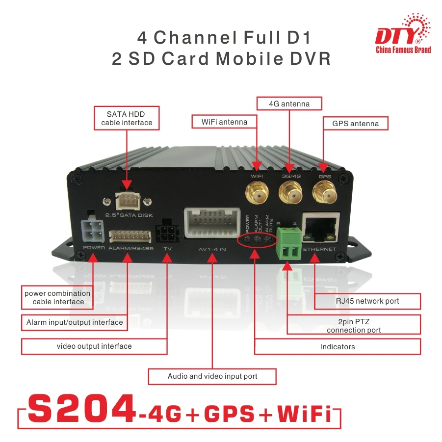 DTY S204 4GW (4 г + WiFi GPS) прочный 4ch H.264 Dual SD Card 4 GPS Wi Fi Мобильный видеорегистратор с