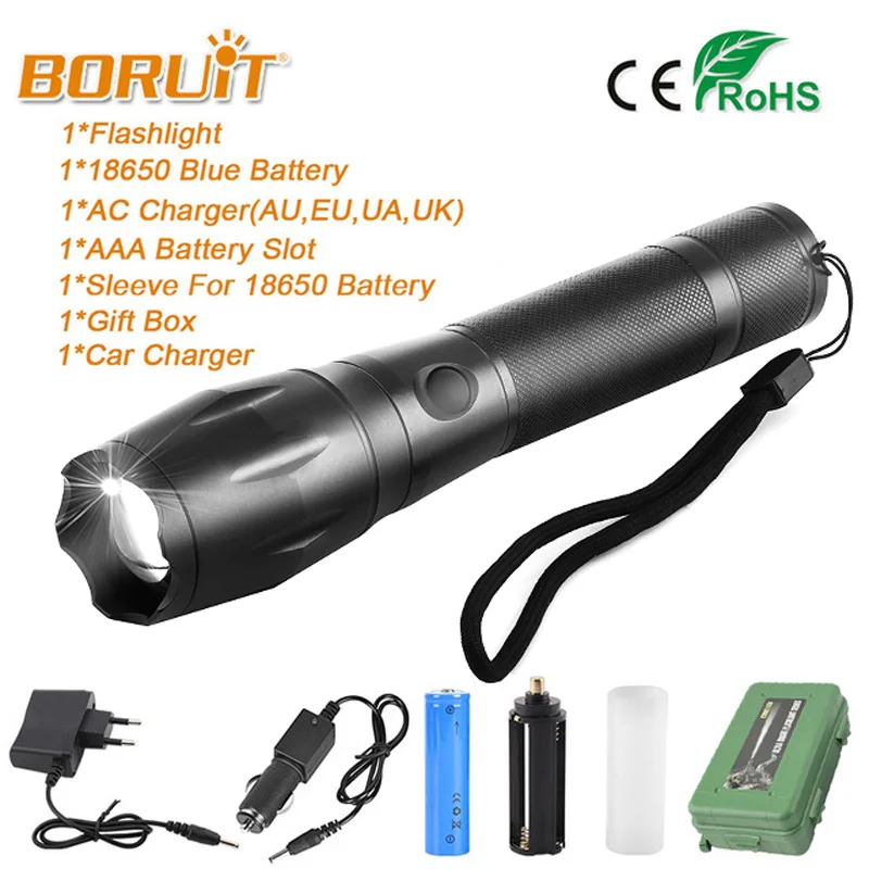 

BORUIT XM-L T6 5000LM Aluminum Waterproof Zoomable LED Flashlight 5 Modes Torch light for 18650 Rechargeable Battery For Camping