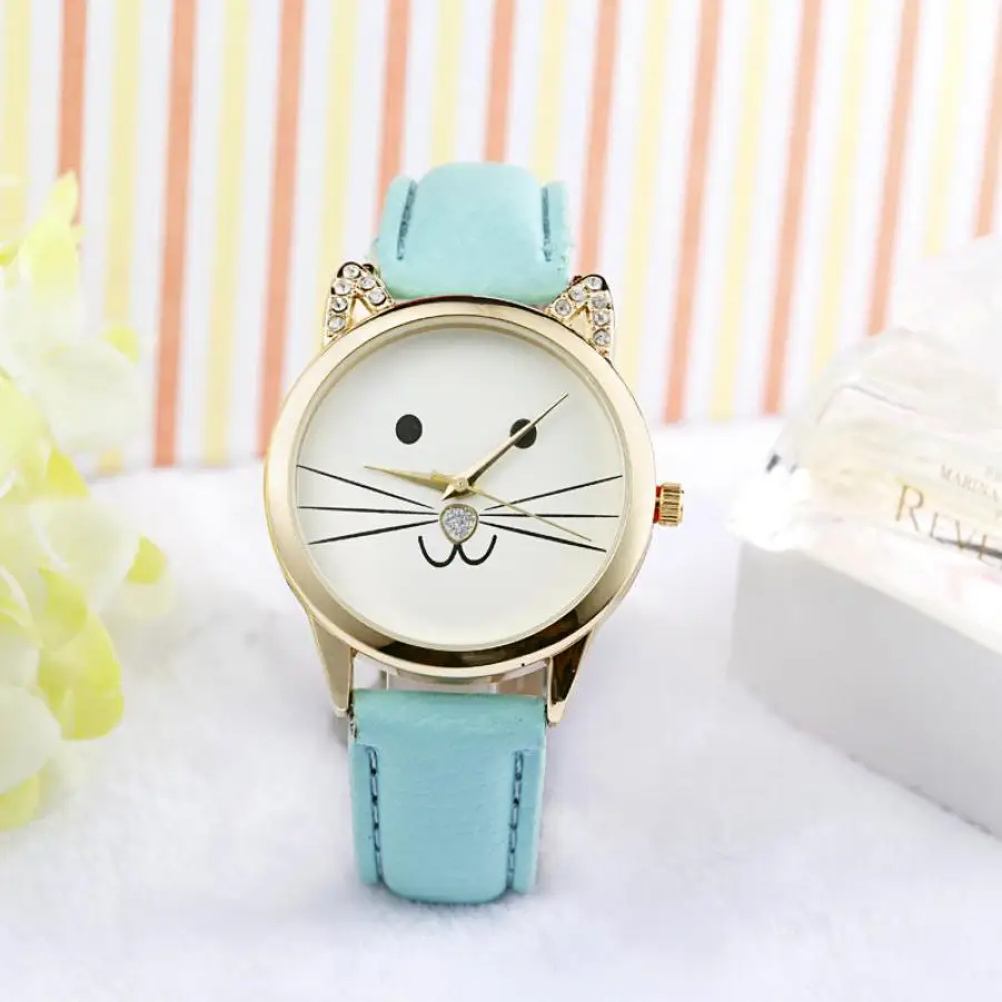 Timezone#301 Duobla Модные нейтральные бриллиантовые кварцевые часы с милым кошачьим лицом из искусственной кожи