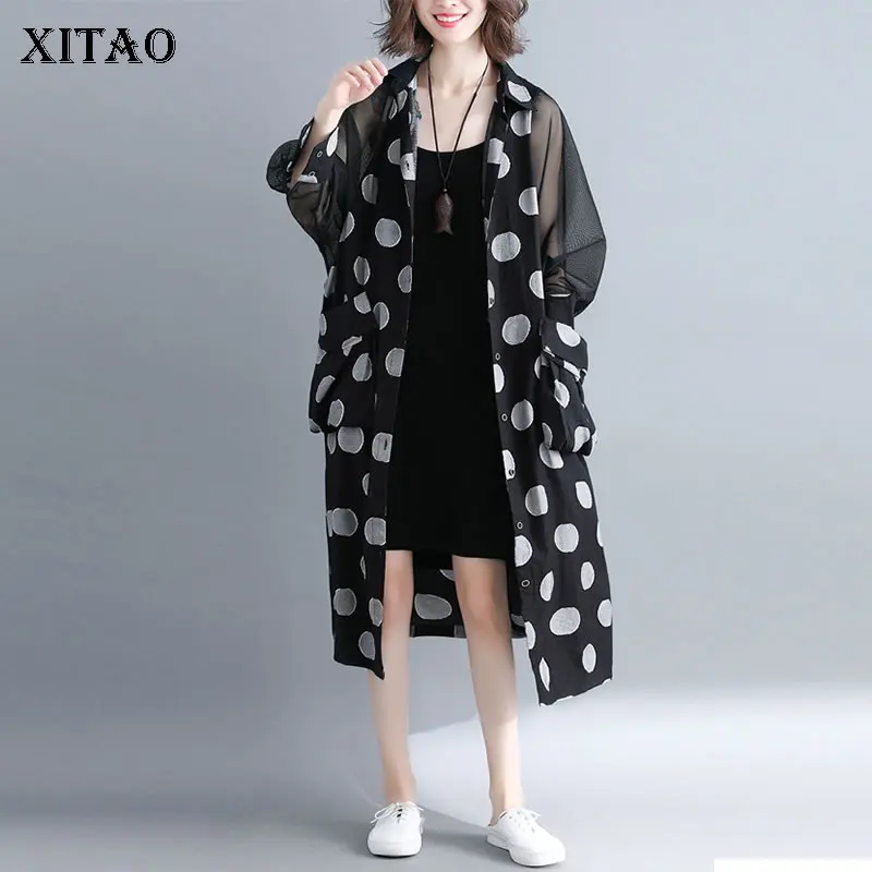 XITAO Mesh Splice Sunscreen Polka Dot Shirt Batwing Sleeve