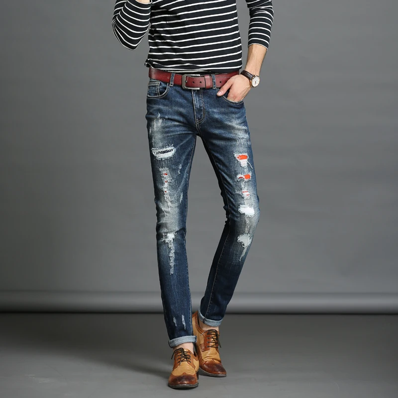 Для мужчин джинсы 2018 Демисезонный новые рваные мягкие удобные брюки Мужской сращены Повседневное Лидер продаж Fit джинсовые брюки Размеры 28