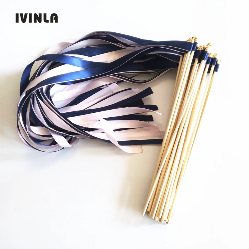 

Hot selling 50pcs/lot navy + pink wedding ribbon wands with sliver bell for wedding decoration