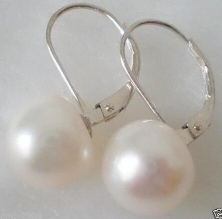 

hj 00443 11-12mm Genuine White Freshwater Pearl Sterling Silver Leverback Dangle Earrings