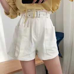 2019 женские летние белые Стрейчевые джинсовые шорты с высокой талией женские горячие шорты с поясом винтажные женские мини шорты Pantalones Feminino
