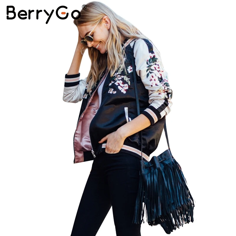 BerryGo Reversible embroidery satin jacket coat Autumn winter 2017 street basic jackets women Casual baseball jackets sukajan