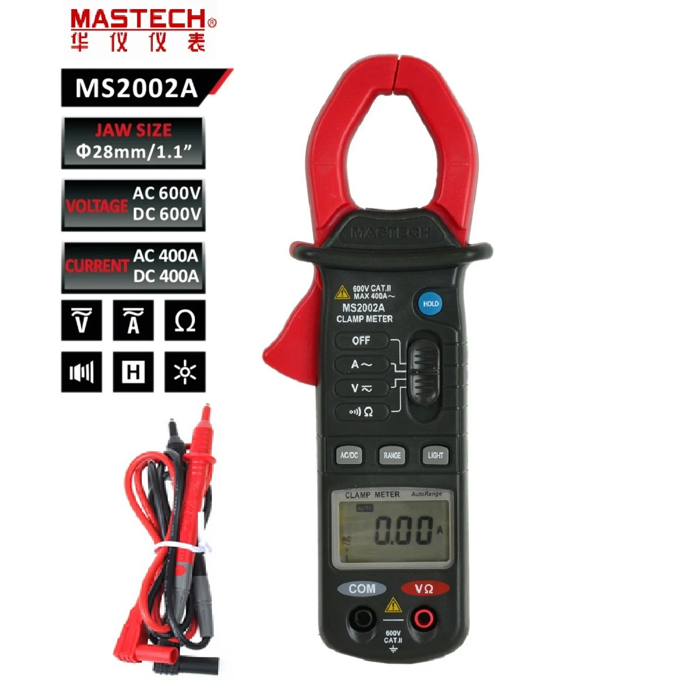 

Digital Clamp Meter MASTECH MS2002A 4000 count display 3 3/4 Mini 600V/400A AC current Autorange DC voltage Resistance tester