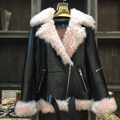 SQXR меховая женская кожаная куртка, женская кожаная куртка из овчины, Высококачественная женская меховая шуба, двусторонняя Меховая куртка - Цвет: Розовый