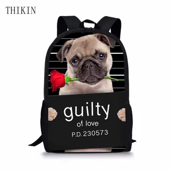 

THIKIN Cute Puppy Pug Dog Printing Backpack for Teenager Boys Girls 3D Animal Children Kids School Bags Customize Child Satchel