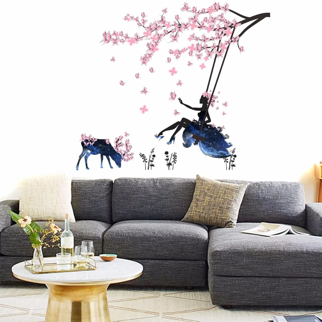 Beautiful Flower Fairy Tree Wall Sticker Decals Wing Moon Butterfly Girls room Decor Flower Fairy Sitting Vines Wall Decals Gift