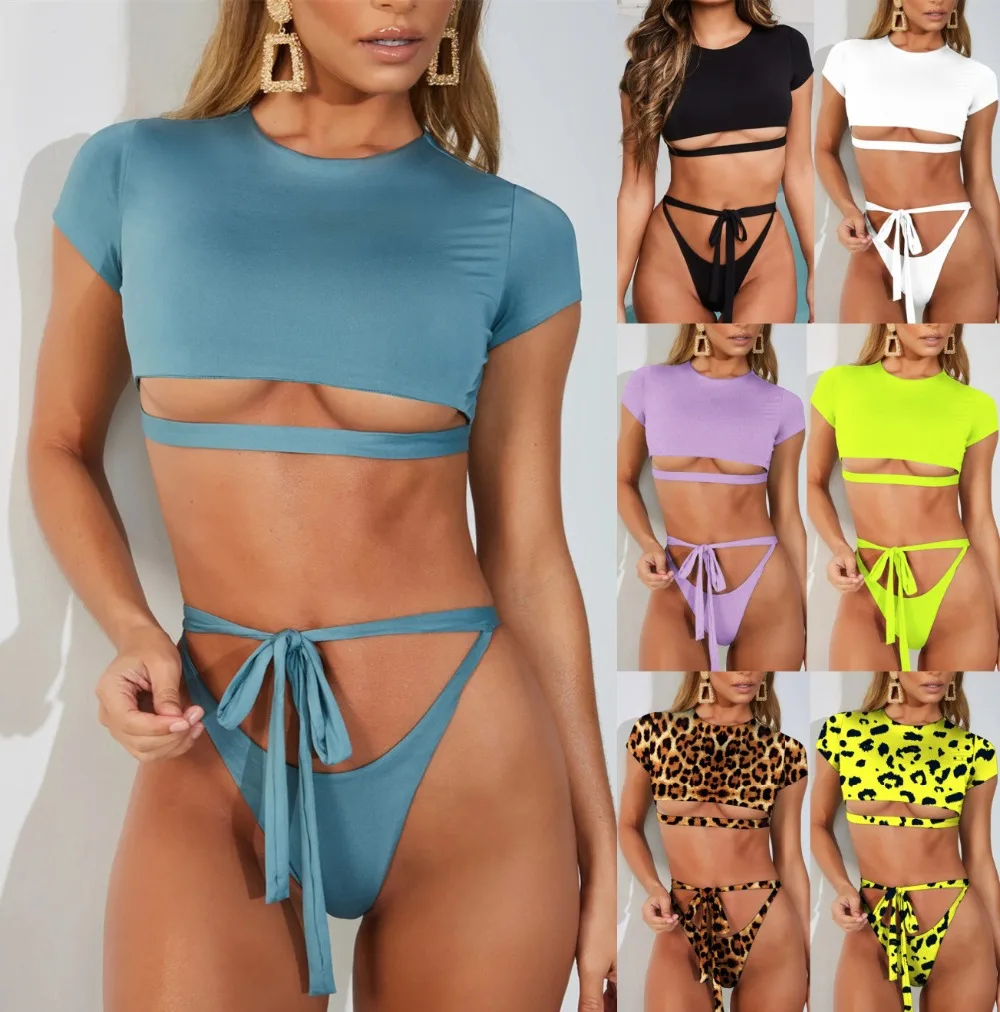 

New Leopard Women Crop Top Short Sleeve Swimwear Sexy Brazil Thong Sports Hollow Out Bathing Suit 2019 Push Up High Cut Swimsuit