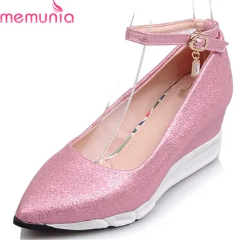 

MEMUNIA 2019 new arrival women pumps pointed toe spring summer buckle ladies shoes solid colors comfortable wedges shoes woman