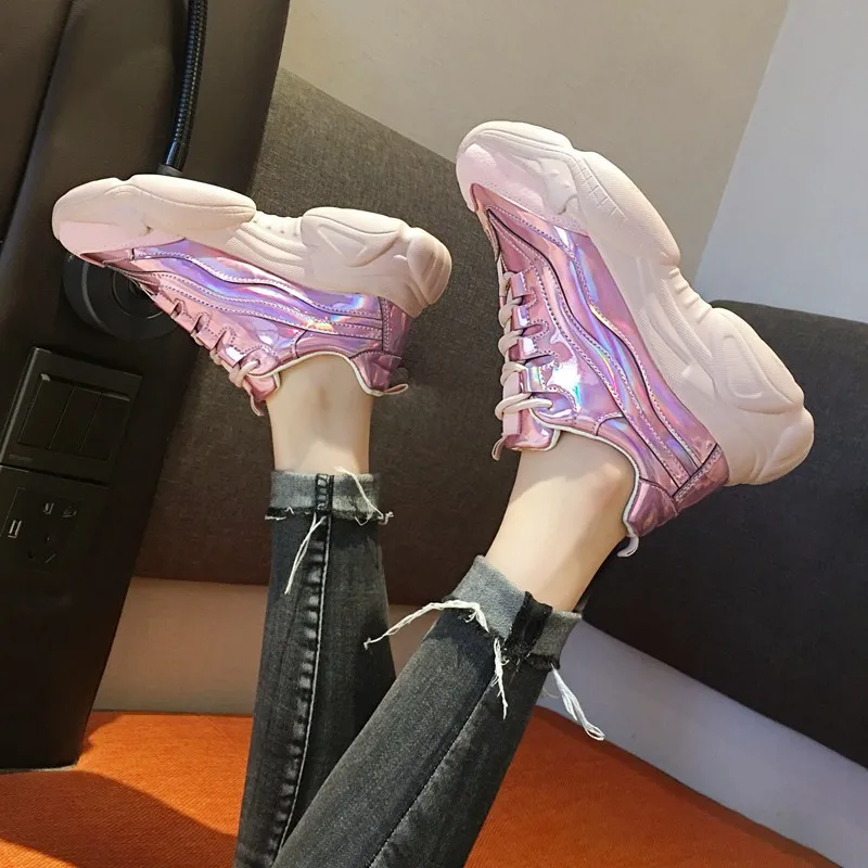 

2019 spring colorful mirror matte leather belt thick bottom sponge cake student old shoes sports shoes women's shoes