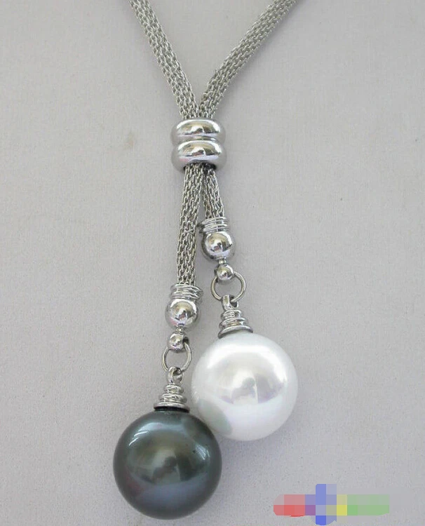 

p2585 26" 14mm round white black SOUTH SEA SHELL PEARL NECKLACE ^^^@^Noble style Natural Fine jewe FREE SHIPPING