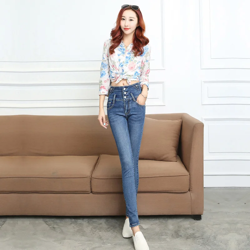 2016 spring high waist jeans female trousers feet close breasted Slim thin pencil pants women