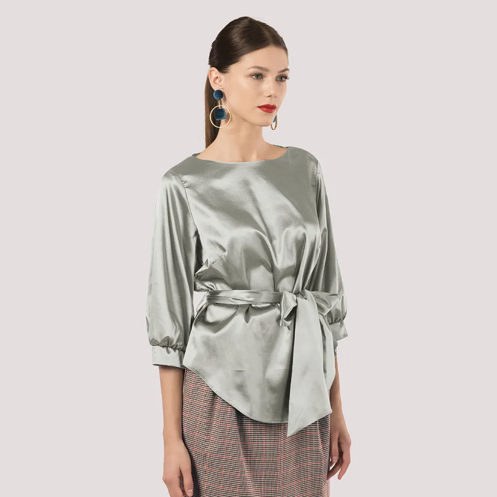 

Summer 2019 Fashion Casual Bow Soft Satin Silk Tops Blouse Tee Top Female Women's Half Sleeve Shirt Blusas Femininas Clothing