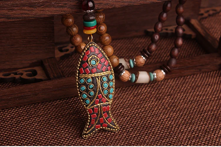 Модное этническое ожерелье с рыбками, камни, винтажные пластинчатые ювелирные изделия в непальском стиле, винтажное ожерелье с подвеской санвудс ручной работы