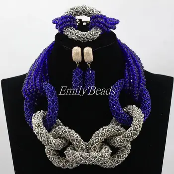 

Pretty Royal Blue/Gray Women Bridal Jewelry Set Dubai African Jewelry Set Valentine's Gift 2016 Beads Free Shipping ALJ489