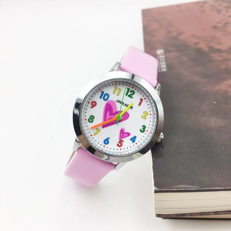 Fashion Children's Watches Colorful Number Heart Cartoon Quartz Watch Girl Pink Leather Pretty Student Wristwatches Kids hodinky