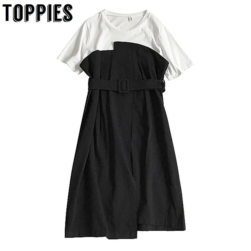 

2019 Summer Short Sleeve T-Shirt Dress Korean Two Piece Spliced Long Dress Woman Chic Party Vestidos