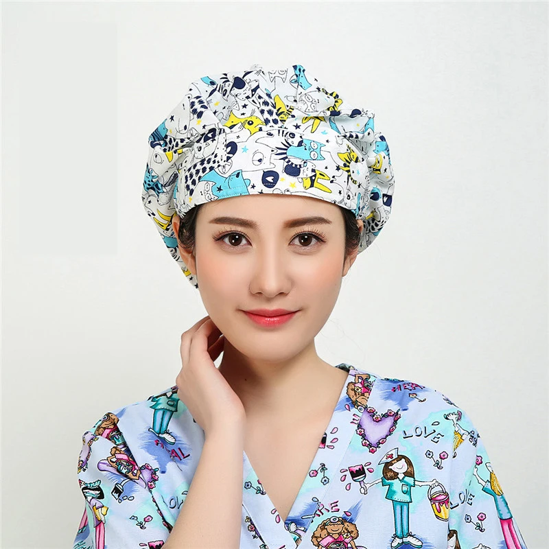 

Doctors Nurses Scrub Caps Women's Surgical Hats with Sweatband Inner Dental Clinic Workwear Cap Long Hair Cotton Medical Caps