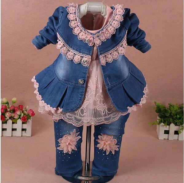 

2017 Spring Girl Flower Denim Jacket+T shirt+Pant Clothing Sets 3pcs Kids Clothes Set Baby Girls Autumn Casual Suit Infant Jeans
