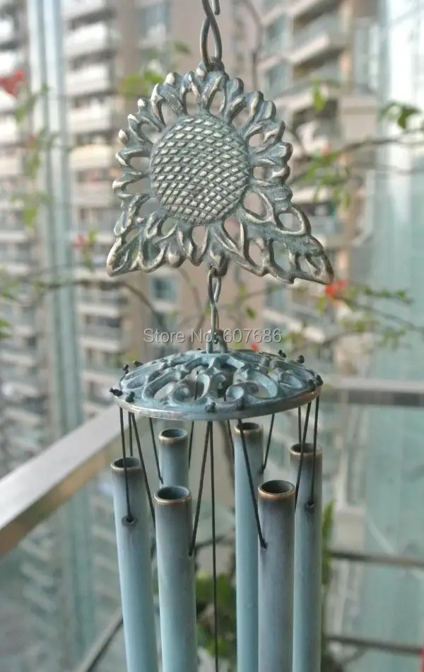 Sunflower Brass Wind Chimes with 6 Pipe Verdigris Bronze Hanging