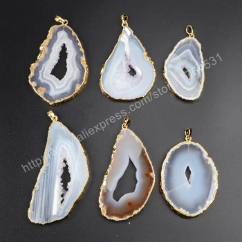 

BOROSA 5pcs Gold Color Natural Onyx Crystal Druzy Geode Slice Pendant Beads G1063