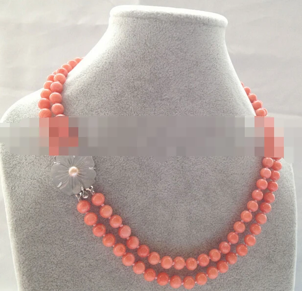 

3157 2row round pink coral necklace - shell clasp