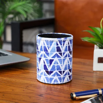 

LINKWELL Blue Geometry Ikat Printed PU leather Pencil Cup Pen Holder Desk Organizer Storage Box Case