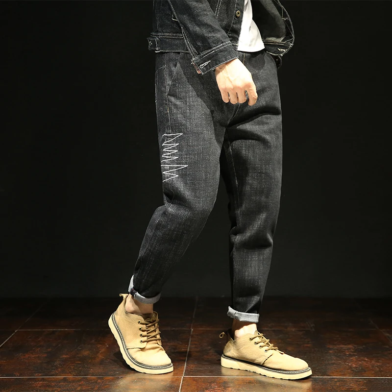 2018 New Casual Jeans Stretch Straight Pants Hemming Ankle Trousers High Quality Male Full Length