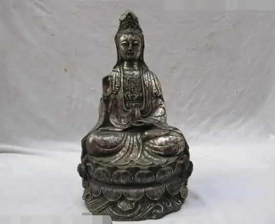 

S03422 Fane White Bronze Kwan-Yin Bodhisattva Hold bottle Vase Sit lotus flower Statue B0403