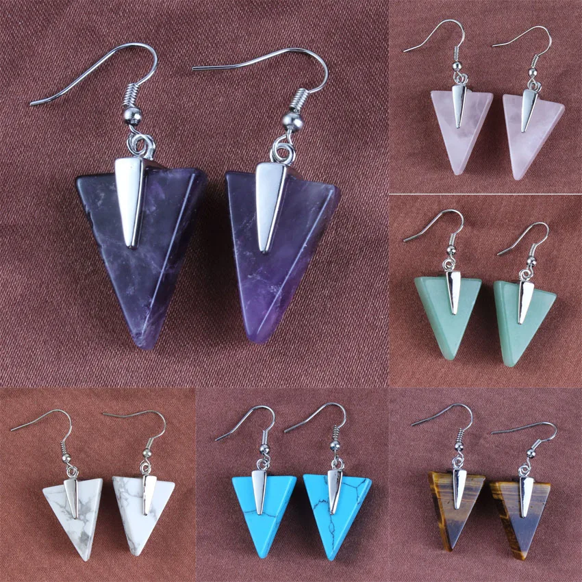 

Kraft-beads Simple Style Purple Amethysts Green Howlite Tiger Eye Stone Triangle Earrings Rose Pink Quartz Jewelry