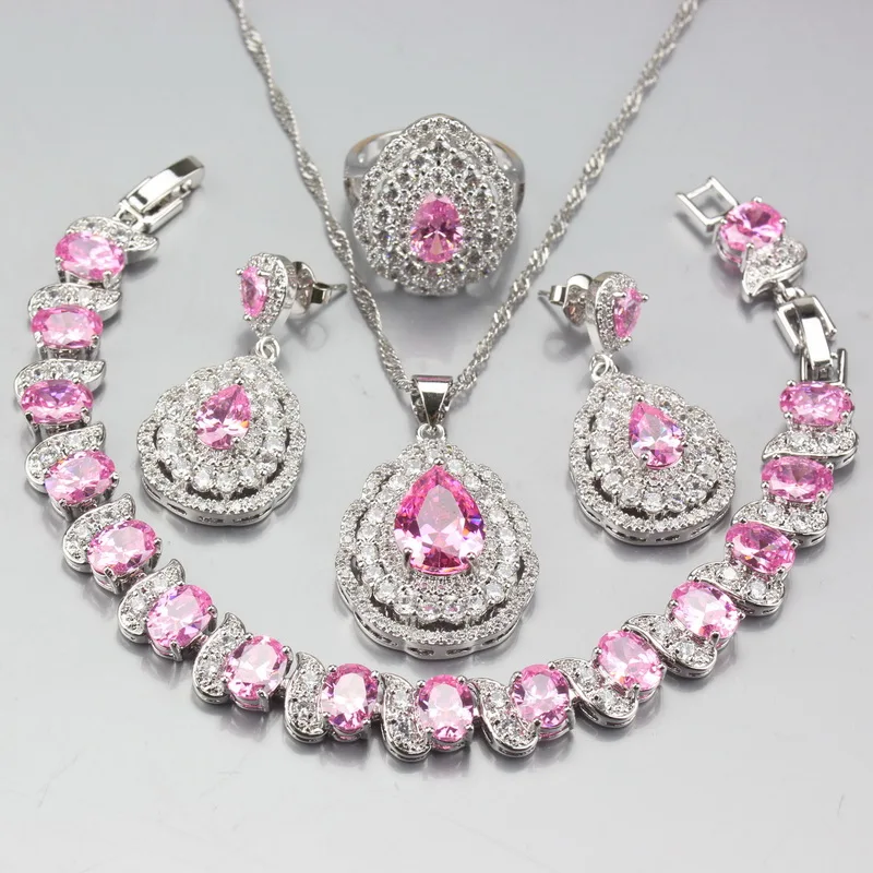 So Romantic 925 Sterling Silver Water Drop Pink Zircon Crystal Jewelry