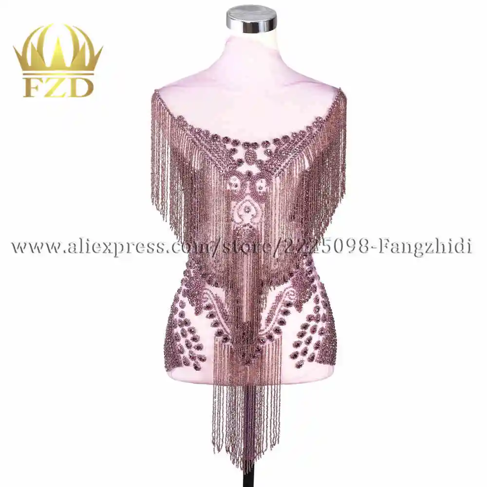 FZD элегантный ручной работы пришить стразы патч кисточки водопад Висячие Кристалл платье патч аппликация лифа для шоу - Цвет: light purple