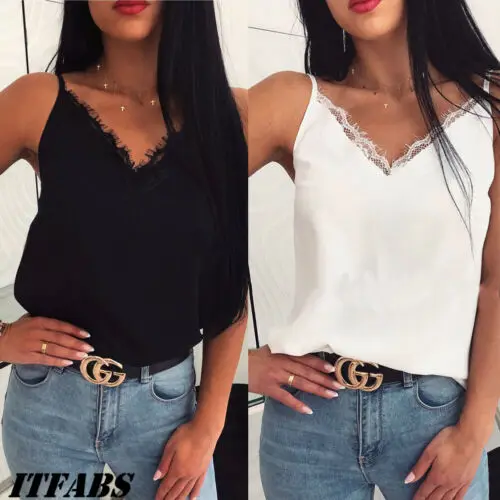 

Women Sexy Sleeveless V-Neck Satin Silk Lace Summer Tank Tops Vest Casual Backless Crop Cami Camisole Top