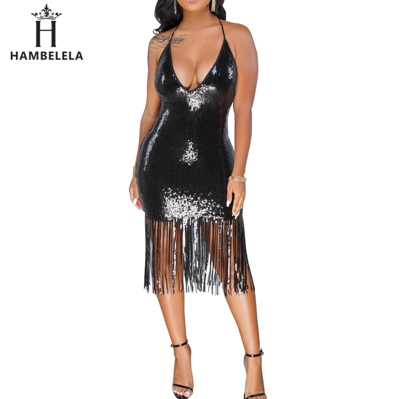 HAMBELELA Elegant Elegant Evening Party Dresses 2019 Summer Halter Off Shoulder Deep V Tassel Bodycon Dress Sexy Sequined Women (3)