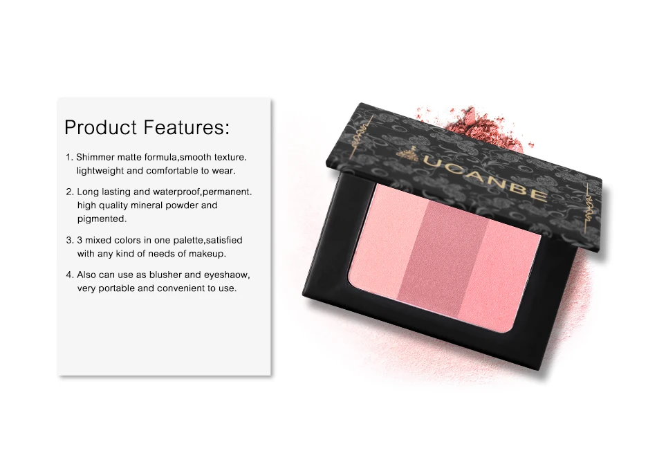 UCANBE Brand 3 In 1 Mineral Blush Makeup Palette Face Cheek Bronzer Blusher Shading Pressed Powder Contour Natural Pink Cosmetic